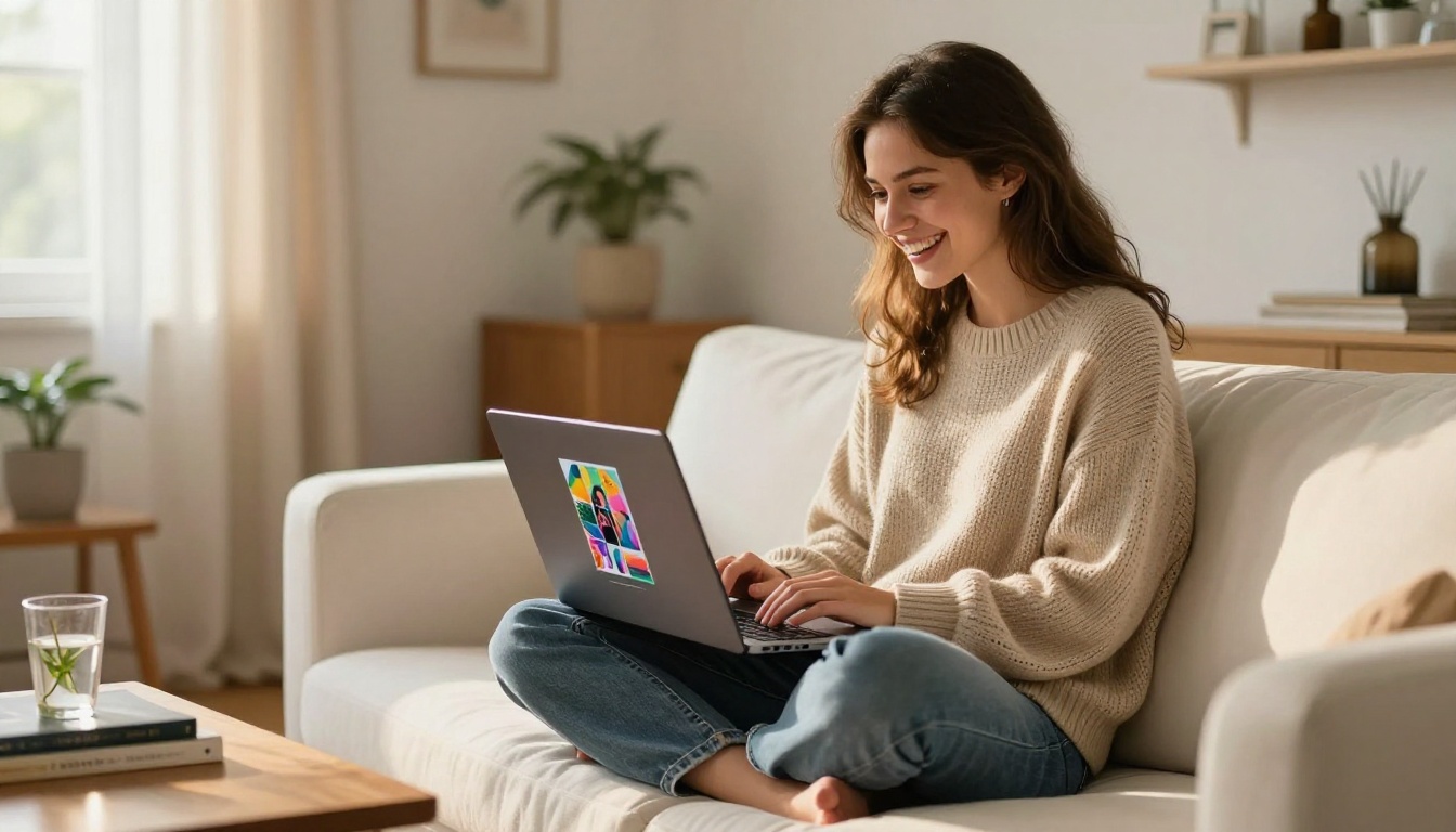 Smiling woman on sofa excited by AI-generated image results on laptop
