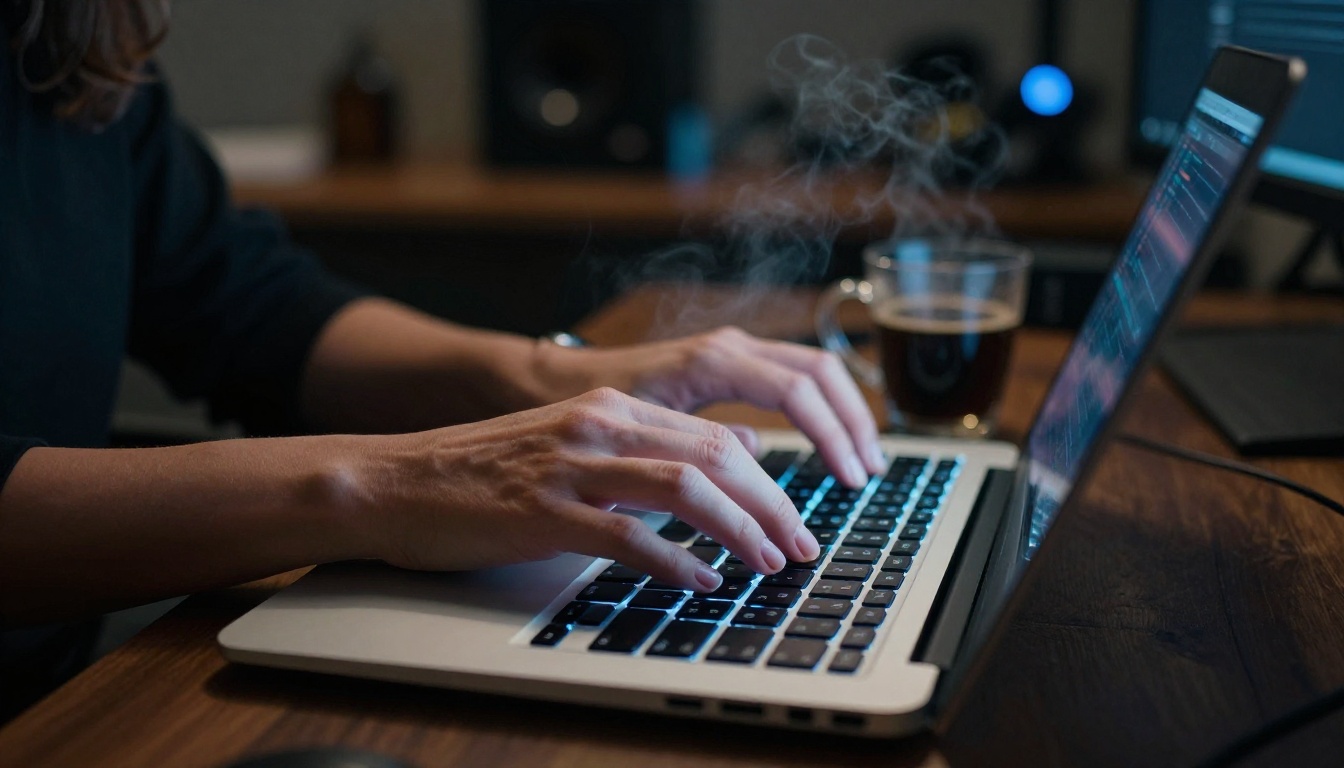 Content creator working at a dual monitor setup in a warm studio environment Content creator working at a dual monitor setup in a warm studio environment
