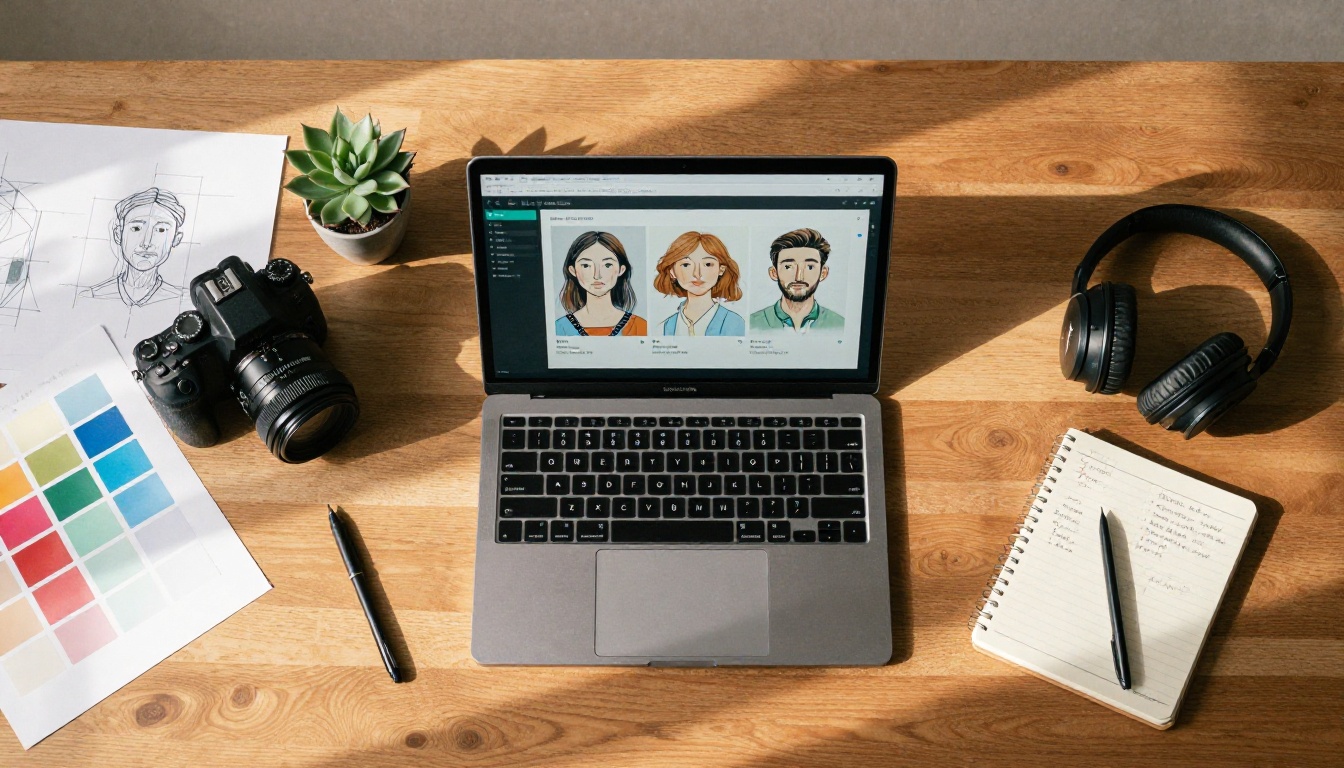 Aerial overhead view of a creative workspace with camera, sketches, and laptop showing AI-generated imagery Aerial overhead view of a creative workspace with camera, sketches, and laptop showing AI-generated imagery