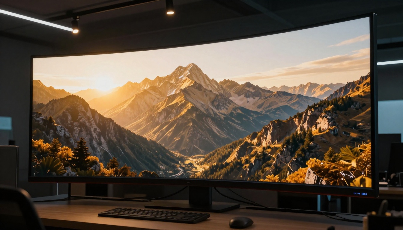 Low-angle view of a large monitor displaying AI-generated landscape photography Low-angle view of a large monitor displaying AI-generated landscape photography