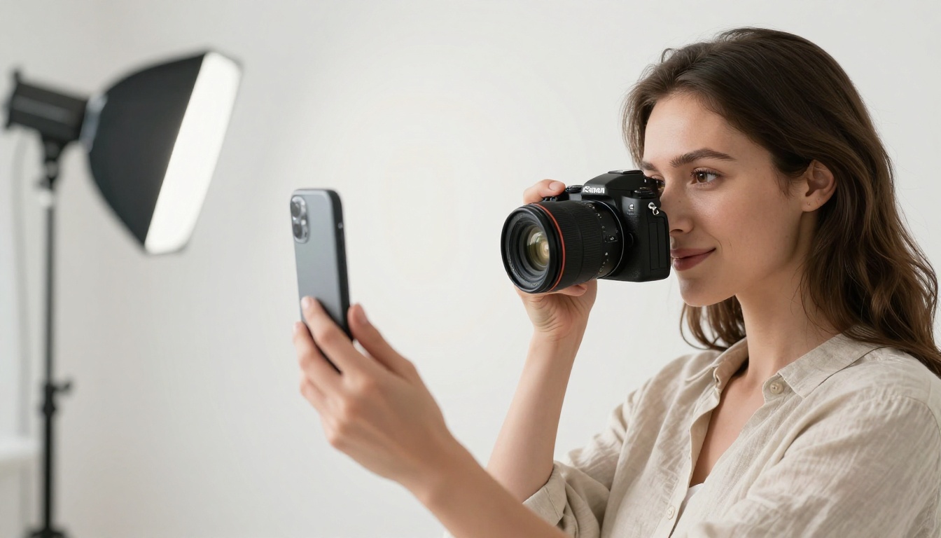 Woman photographer in a professional studio reviewing her camera display Woman photographer in a professional studio reviewing her camera display