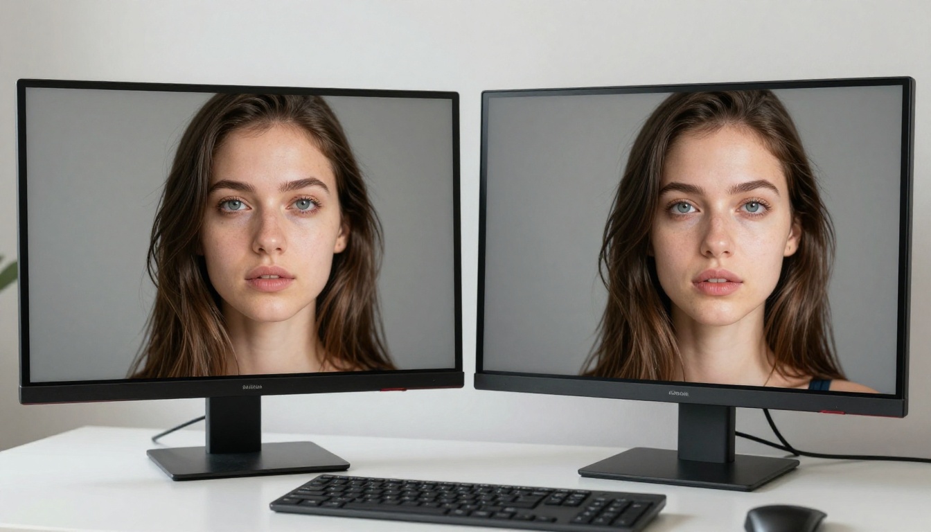 Two monitors side by side showing AI-generated portrait comparison with natural window light and sharp detail