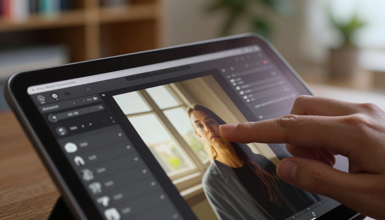 Creator touching a tablet screen with AI image editing interface visible Creator touching a tablet screen with AI image editing interface visible