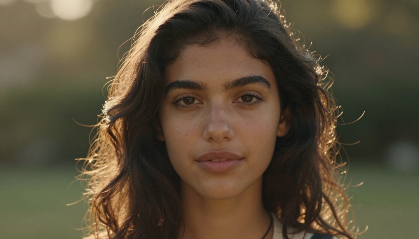 Photorealistic close-up portrait of a woman with olive skin at golden hour, shallow depth of field and film grain