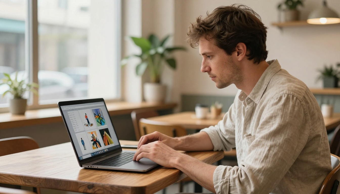 Creative professional reviewing AI-generated artworks on a laptop at a bright cafe with warm natural light