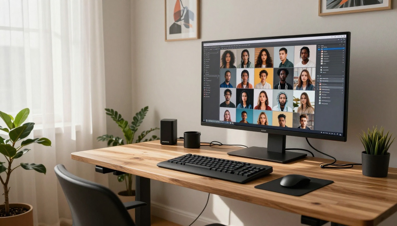 Wide home studio setup with large monitor displaying AI image mood board
