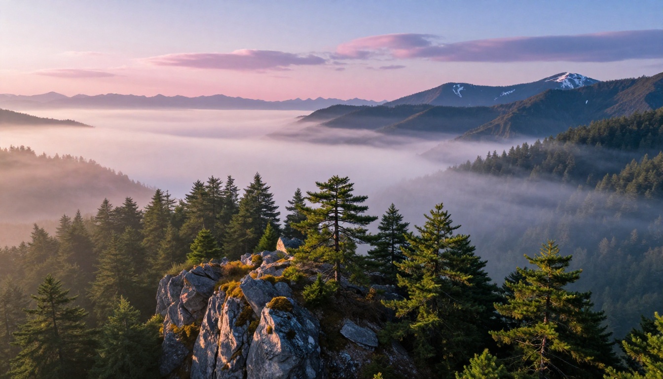 Breathtaking aerial landscape of misty mountain valleys at dawn with lavender clouds and pine forest