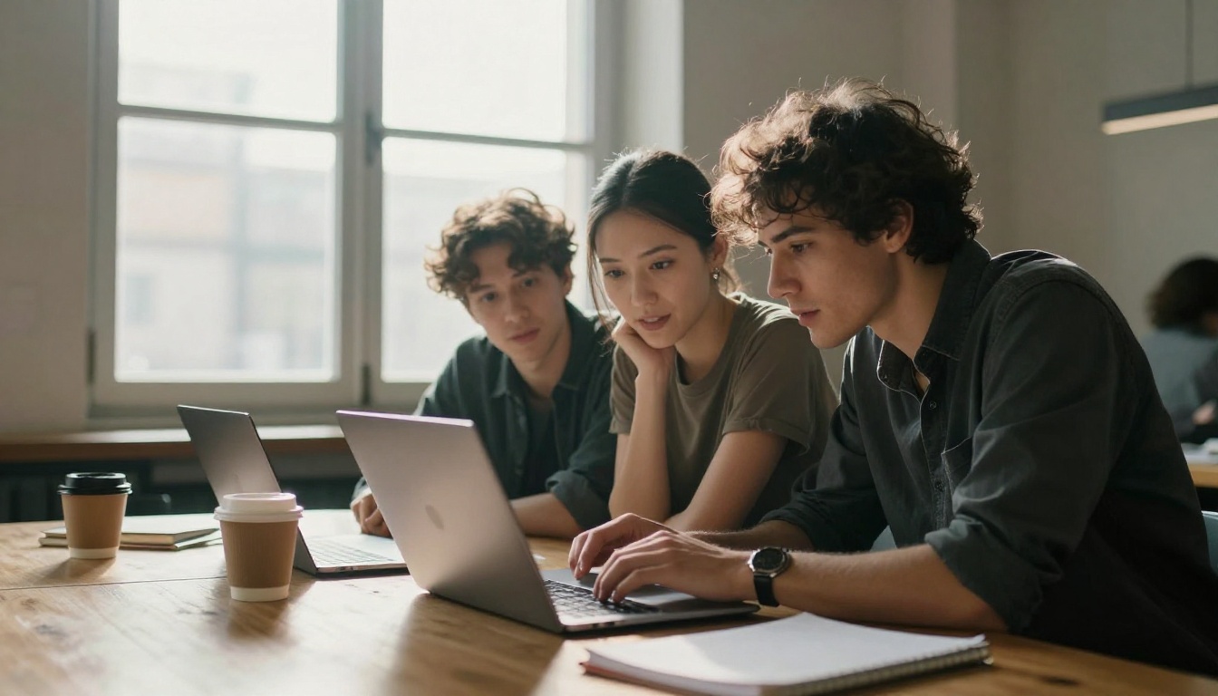 Two creative professionals collaborating over a laptop in a bright co-working space