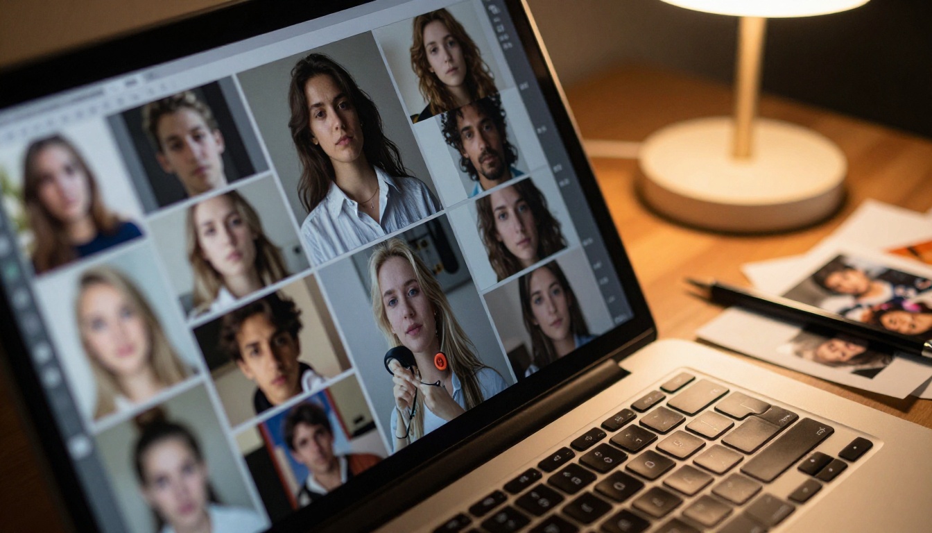 Extreme close-up of laptop screen showing AI-generated portrait comparison grid