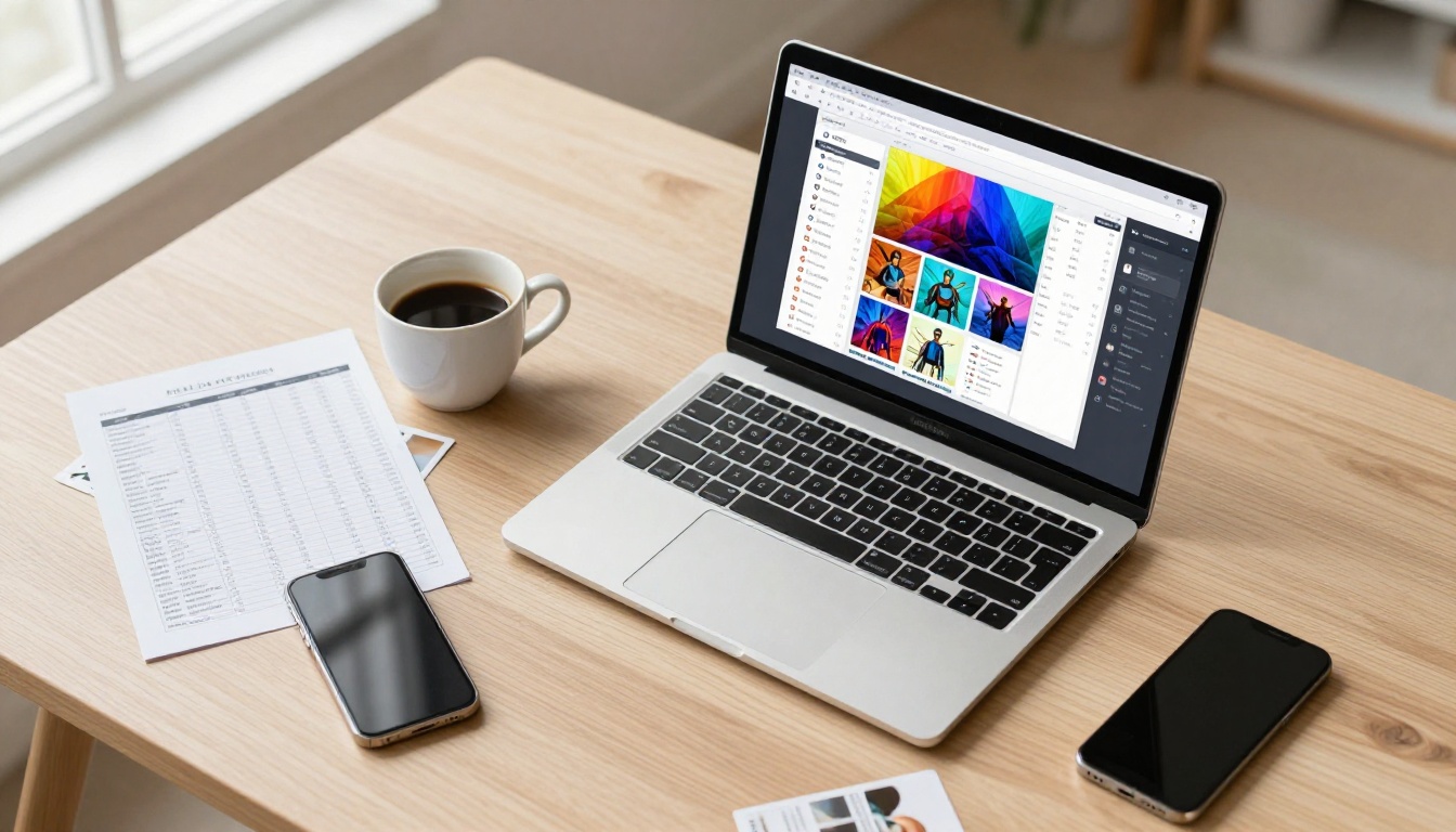 Overhead flat-lay of a laptop showing AI image grids next to a printed comparison chart and espresso on an oak desk