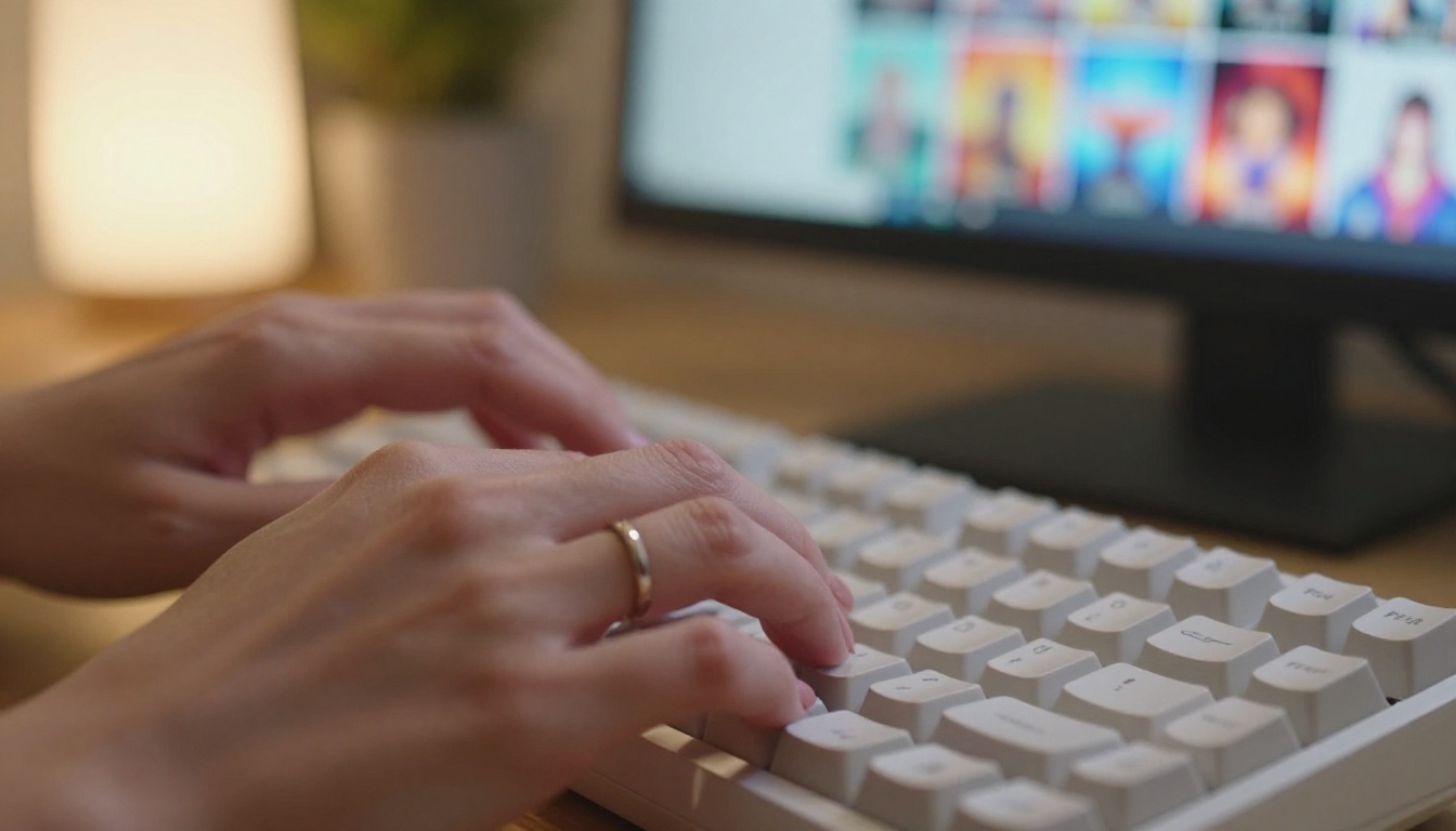 Close-up macro of female hands with natural nails typing on a white mechanical keyboard, AI image thumbnails visible in background