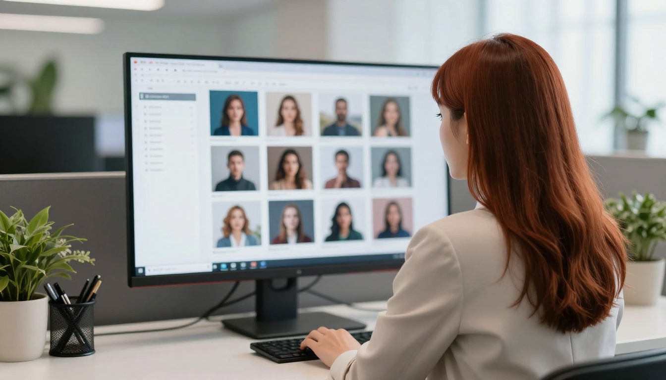 Woman with auburn hair at a minimal desk with a monitor showing a grid of AI-generated photorealistic images