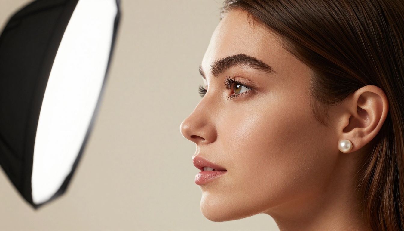 Dramatic studio portrait of a woman with side-profile lighting, softbox shadow, and sharp focus on skin detail