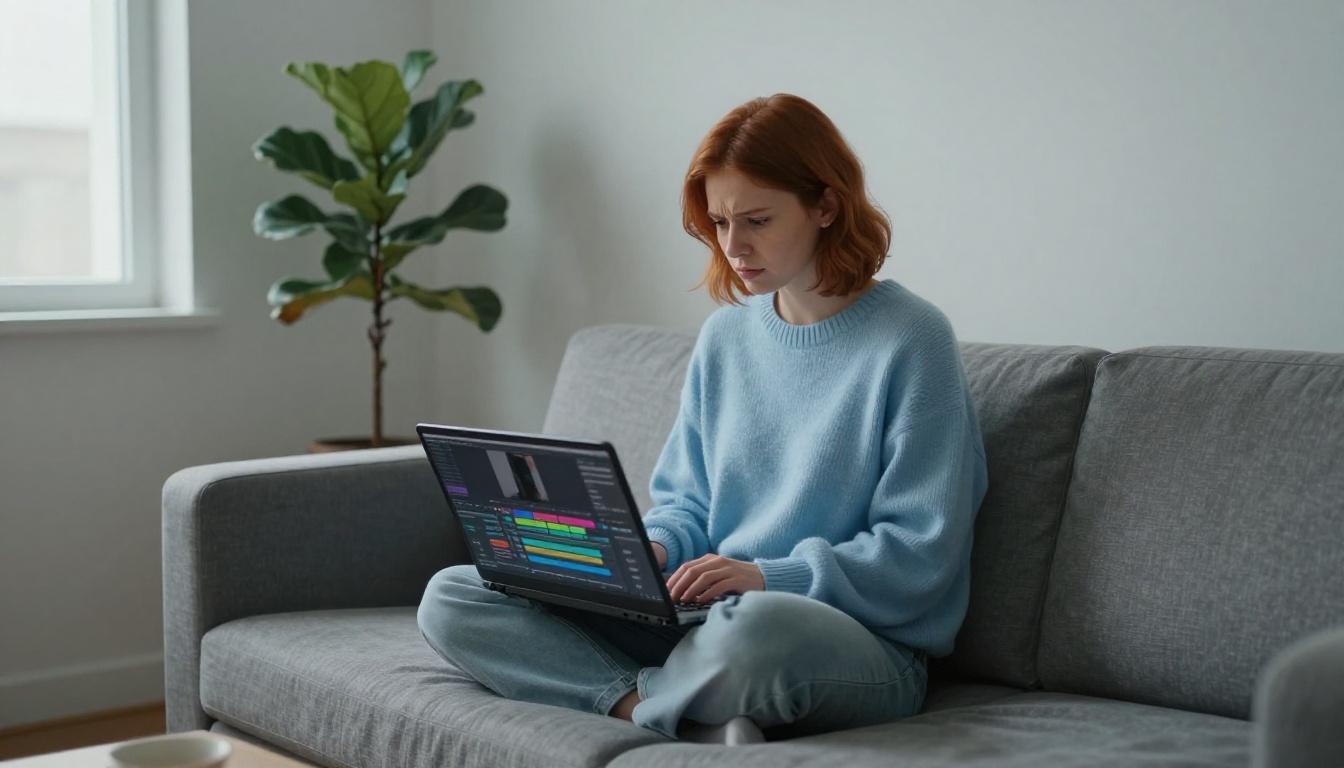 Young woman reviewing video editing timeline on laptop