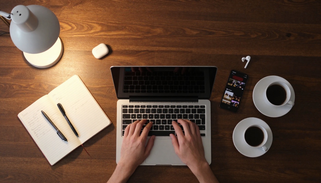 Aerial view of creative workspace with notebook, phone, and coffee