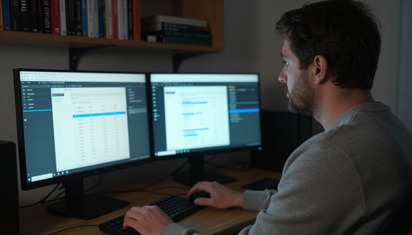 Man reviewing video generation results on dual monitor setup