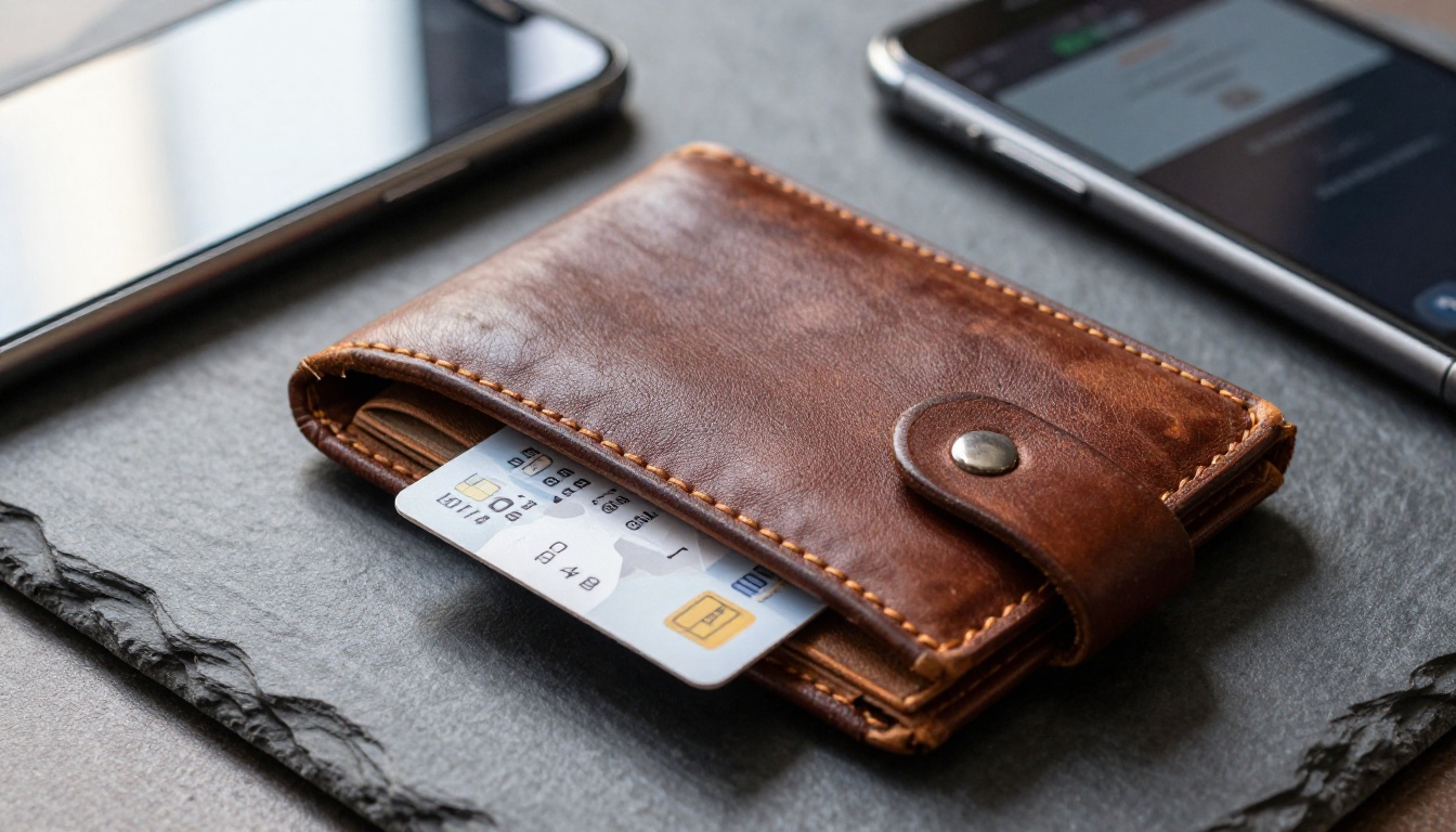 Open wallet with credit card beside a smartphone on dark slate