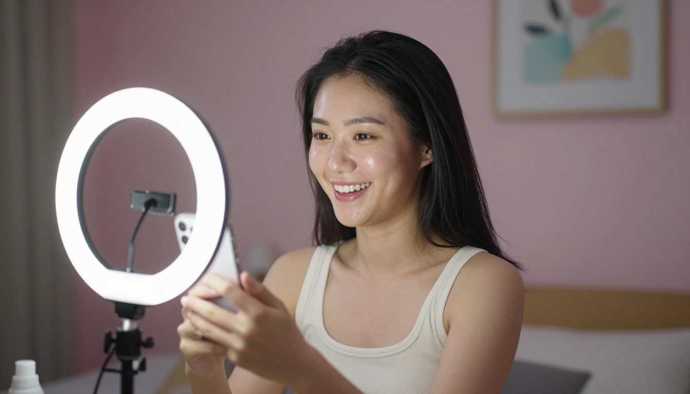 Content creator smiling and filming herself with ring light setup