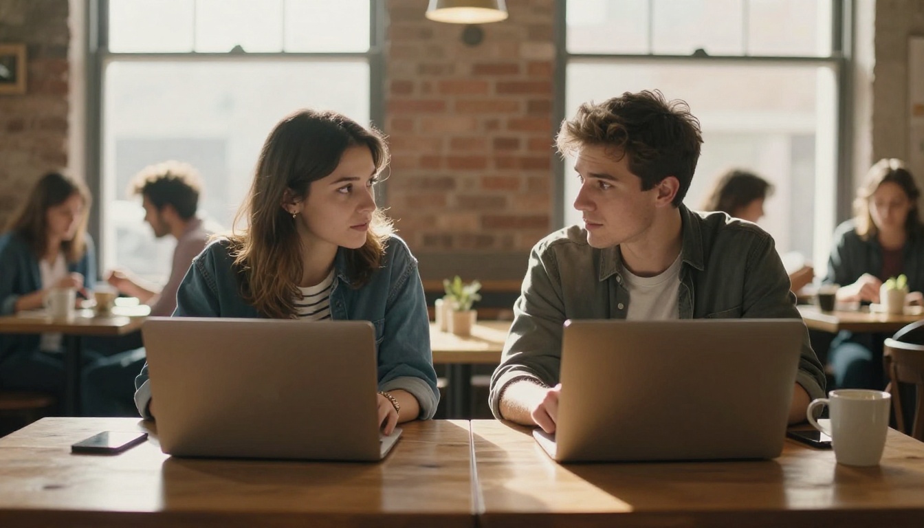 Two creators collaborating over a laptop at a café table