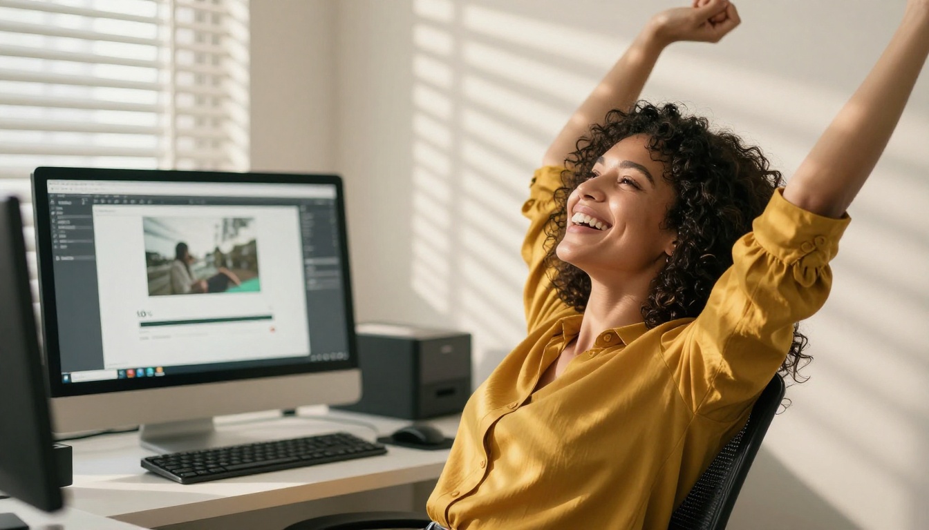 Freelancer celebrating completed video export in sunny office