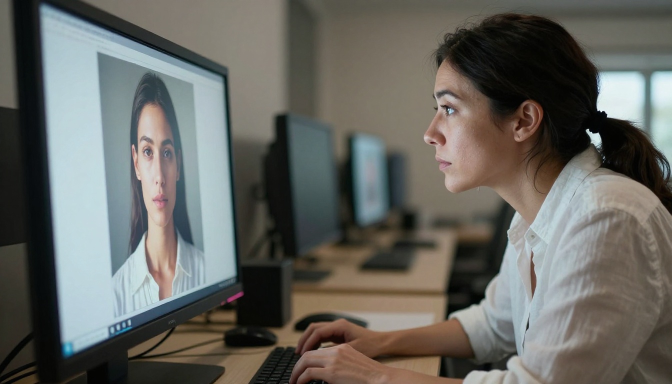A professional photographer examining high-resolution AI-generated portrait photography on a large studio monitor, natural diffused daylight illuminating her face, shallow depth of field with blurred photography equipment in the background