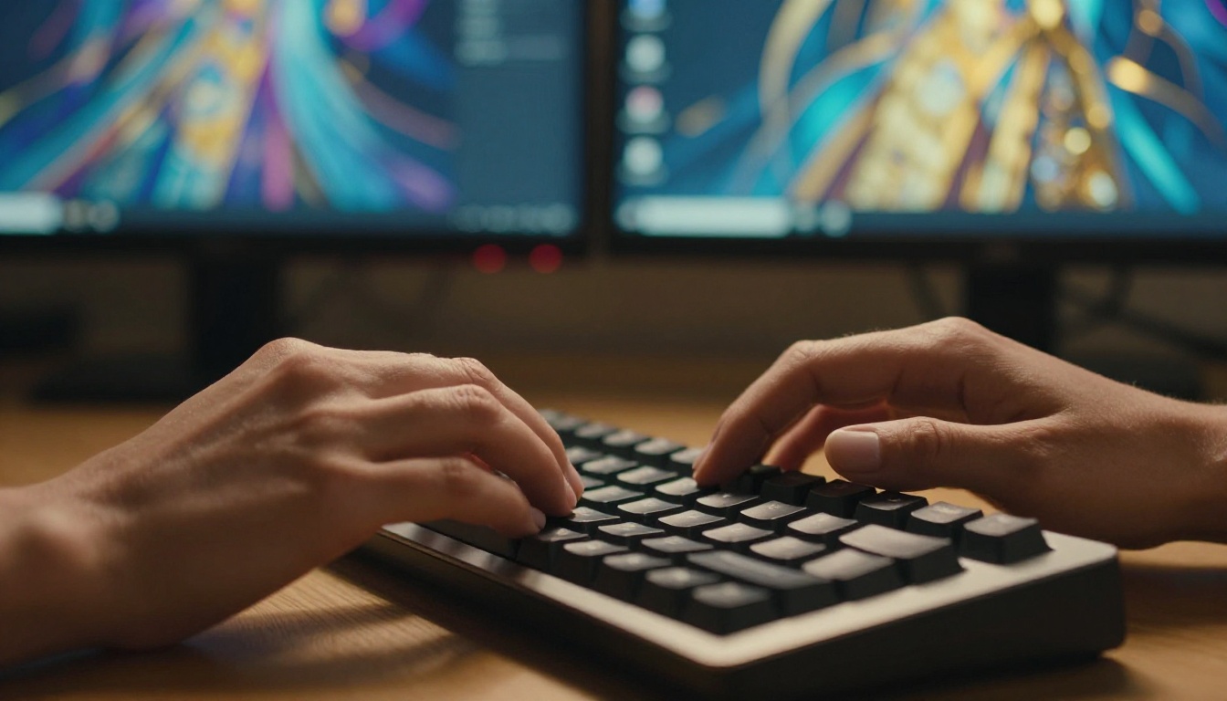 Extreme close-up of feminine hands resting on a mechanical keyboard mid-keystroke, two monitors in soft background bokeh displaying colorful AI-generated artwork, dramatic warm amber side lighting revealing fine skin texture