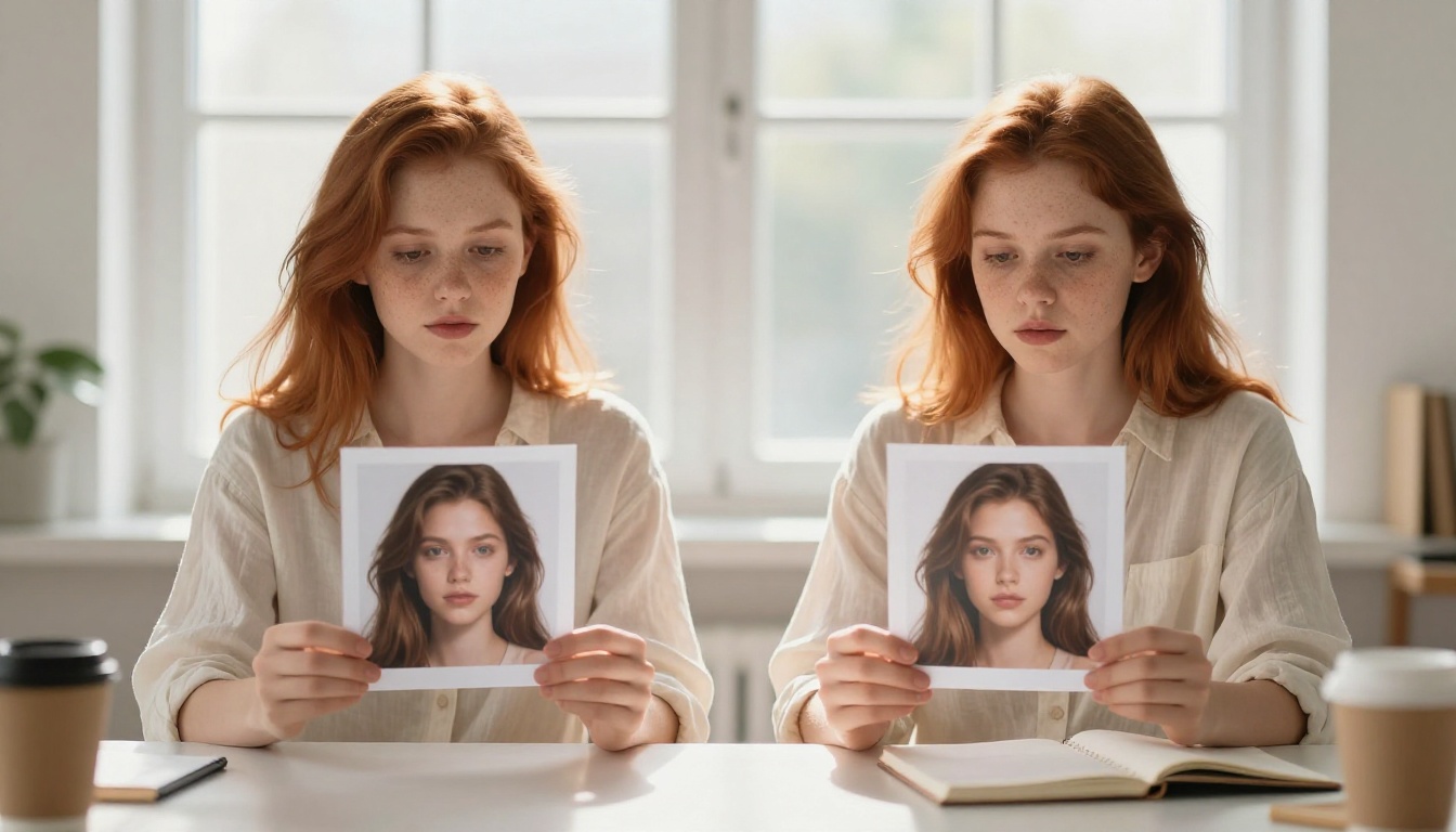 A young woman with auburn hair comparing two printed AI-generated images held side by side at arm's length, bright indirect afternoon sunlight, medium shot with genuine focused expression, soft foreground bokeh of desk items
