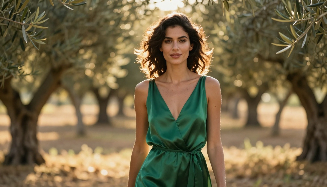 Photorealistic portrait of a beautiful woman with olive skin and dark wavy hair wearing a flowy emerald silk dress, standing in golden hour sunlight in a Mediterranean olive grove, warm backlighting creating a glowing halo through her hair, 85mm f/1.4 shallow depth of field