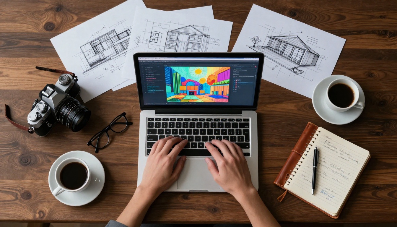 Aerial top-down flat-lay of a creative workspace with a glowing laptop displaying colorful AI art, surrounded by architectural sketches, a vintage film camera, reading glasses, espresso cup, and worn leather notebook on dark walnut wood, soft diffused overhead lighting