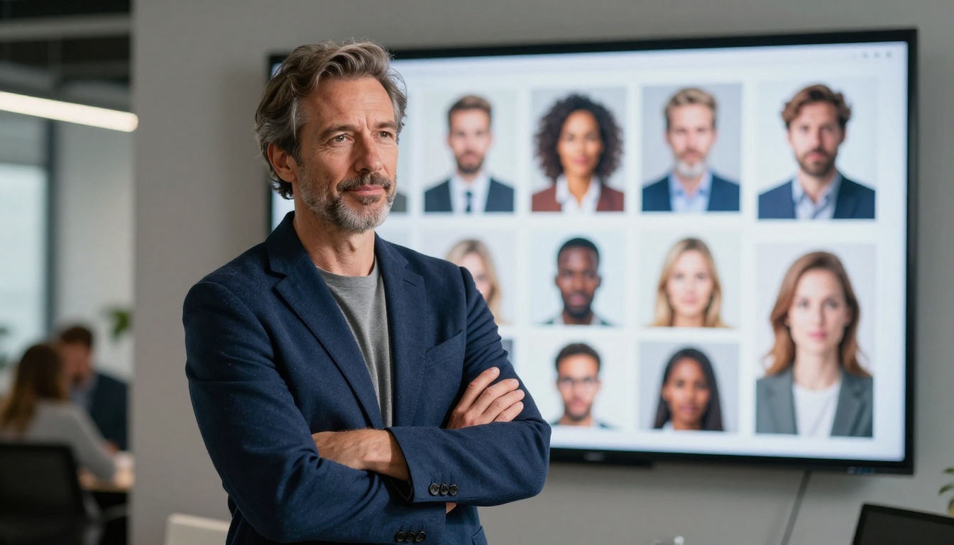 Confident male creative director in his forties with salt-and-pepper stubble wearing a tailored navy blazer, standing in front of a large wall-mounted screen displaying a grid of AI-generated portrait images, arms folded with evaluating expression, soft directional key light from upper left