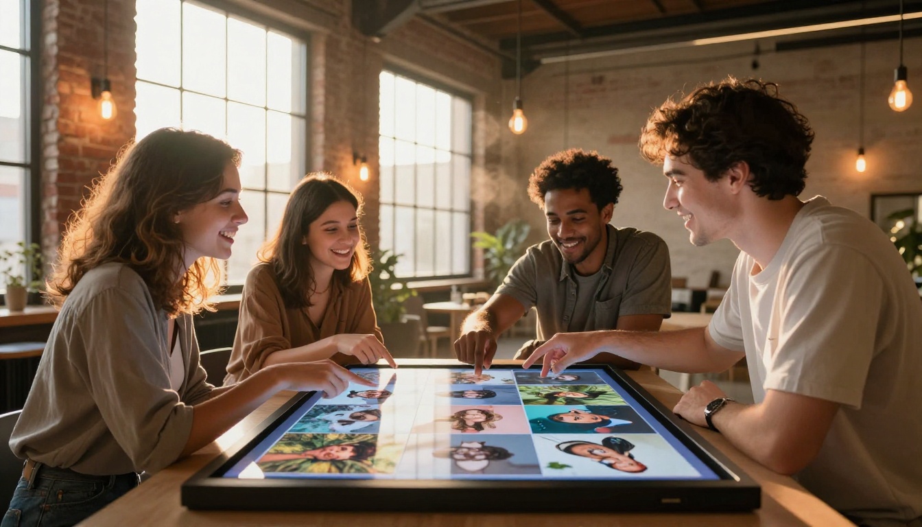 Three young creative professionals gathered around a large horizontal touchscreen table displaying a mosaic of AI-generated images, genuine collaborative laughter, warm industrial loft with Edison bulb pendant lights and golden hour sunlight through tall windows creating volumetric dust particles