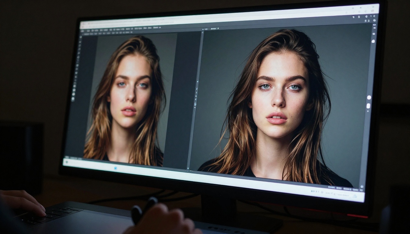 Close-up detail shot of a professional monitor displaying side-by-side AI-generated portrait images with strikingly different aesthetic qualities, a creative professional's hand visible with a stylus on a graphics tablet, dramatic low-angle perspective, screen light casting blue-white illumination on surrounding dark workspace