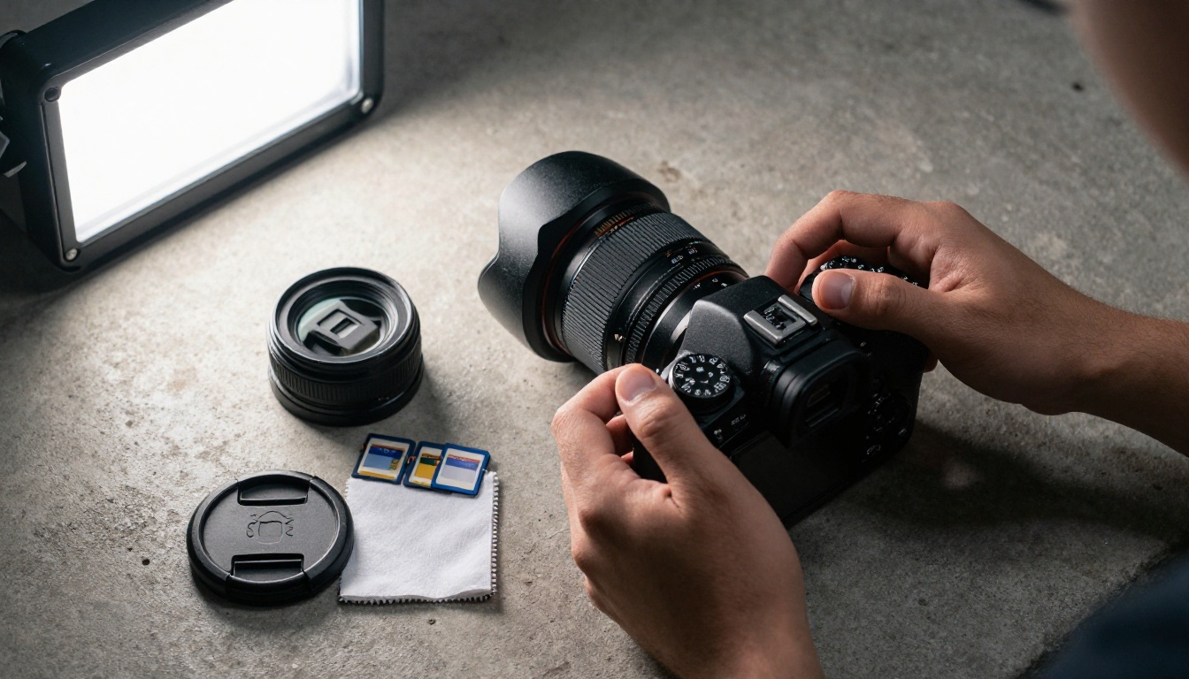 Close-up overhead shot of professional camera and equipment