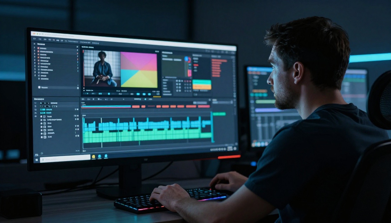 Video editor focused on color grading in dark edit suite