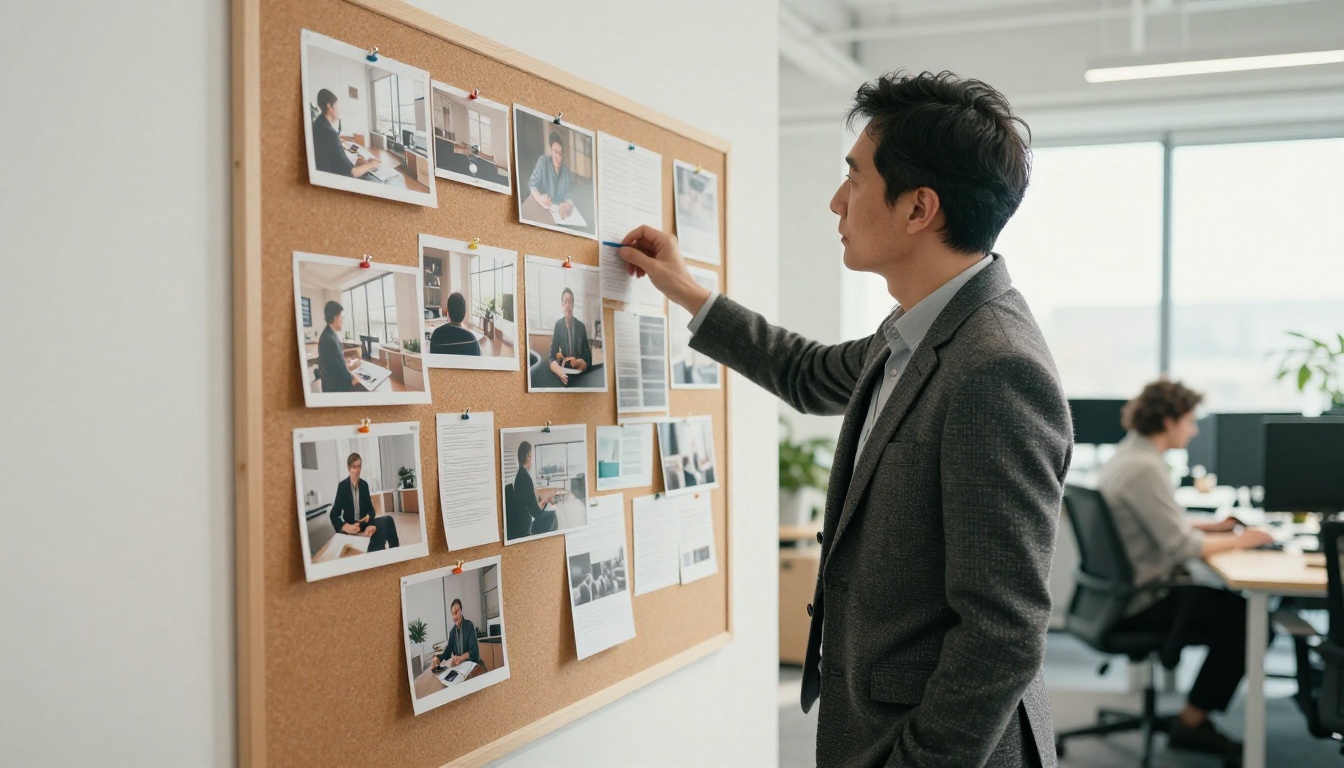 Creative director reviewing mood board in modern agency office