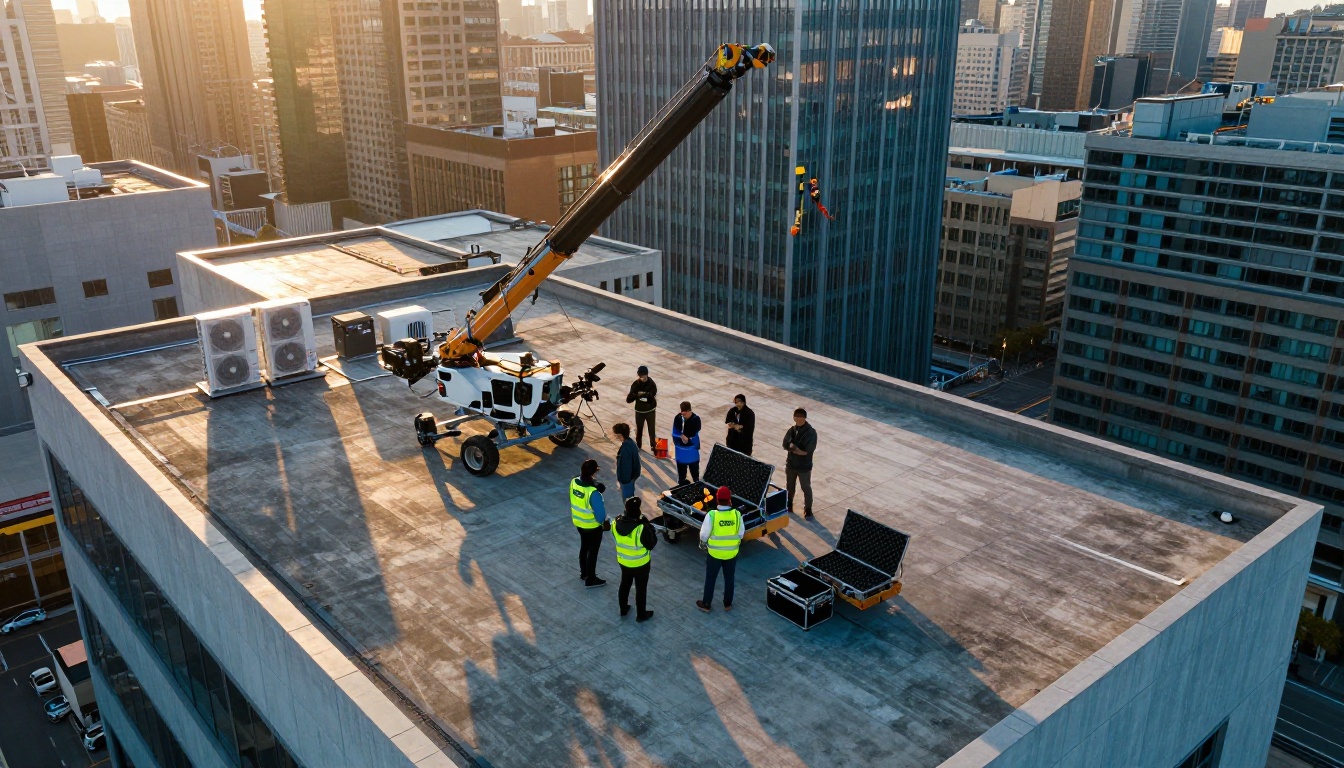 Aerial drone view of film production crew on city rooftop