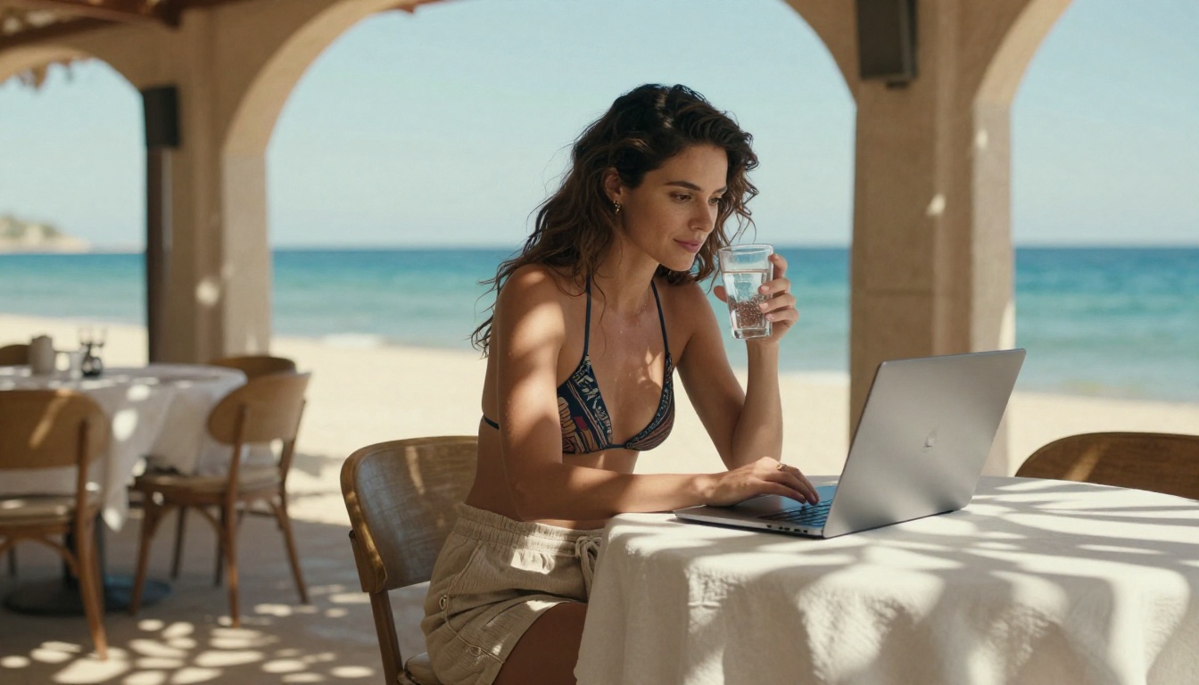 Woman working on laptop at beachside cafe with ocean view