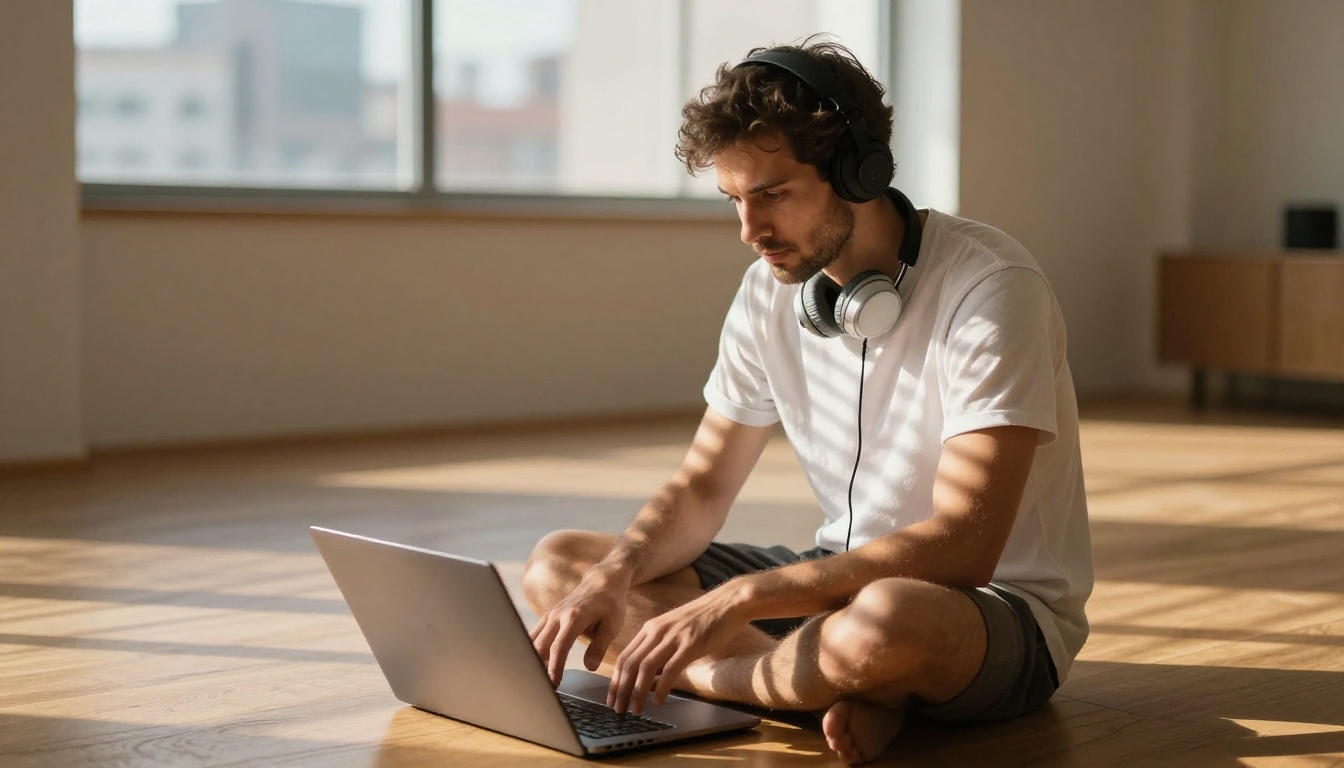 Filmmaker reviewing footage on laptop on wooden floor at home