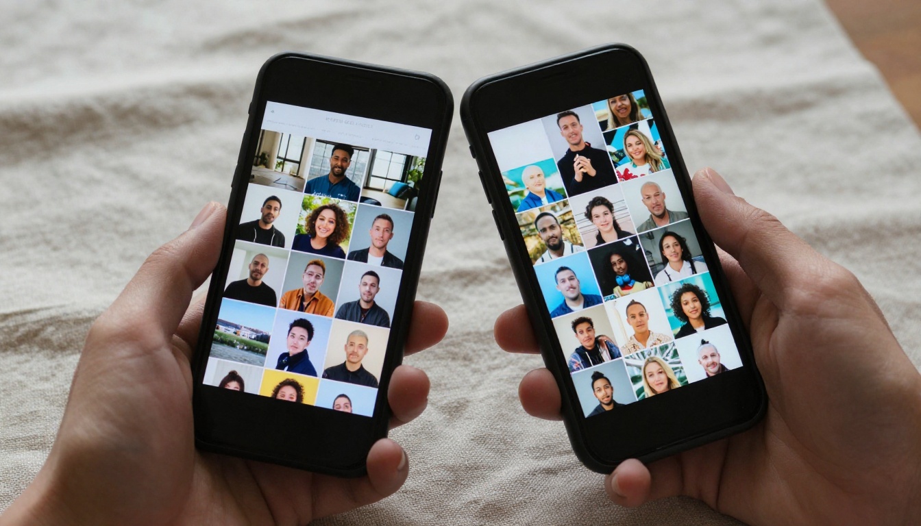 Two hands holding smartphones side by side with AI video content