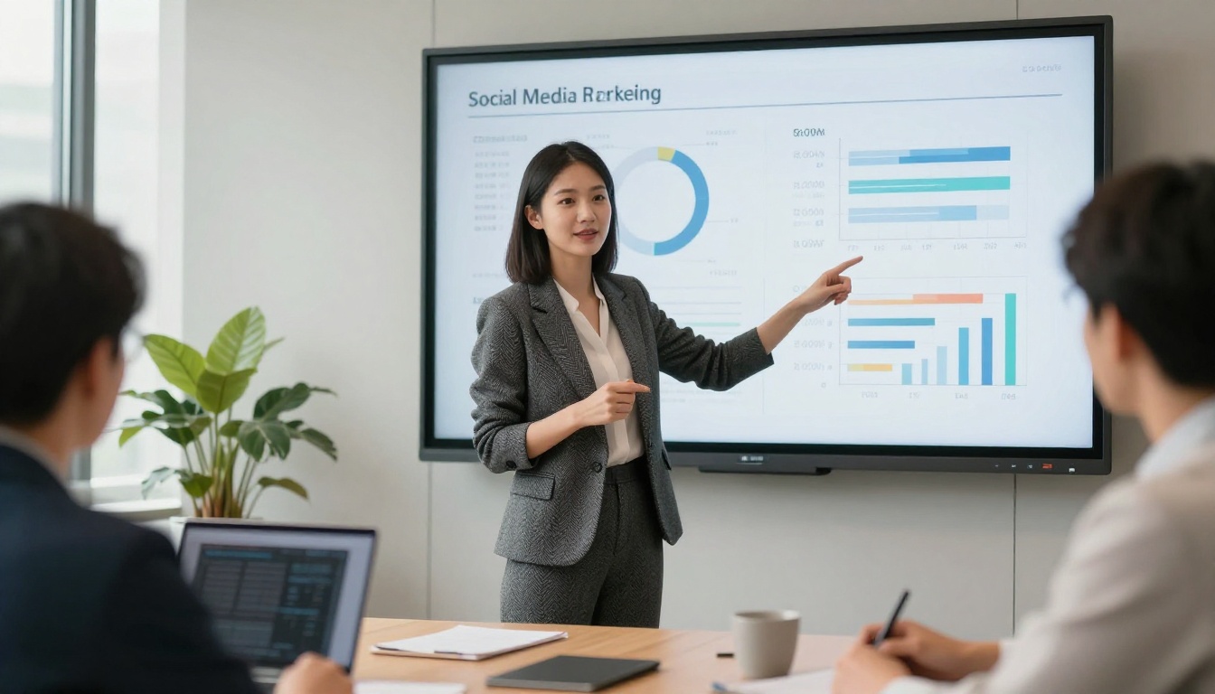 Marketing professional presenting video campaign in modern meeting room