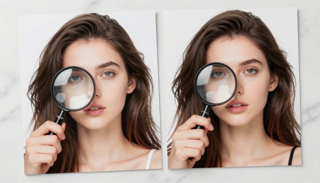Two printed photographs being compared under a magnifying glass, one blurry and low-res, the other razor-sharp and detailed