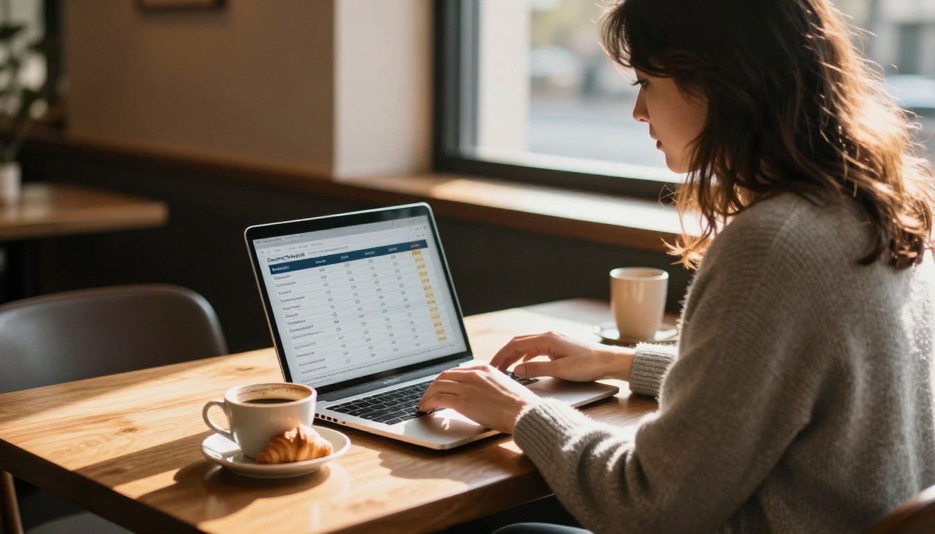 Woman in a coffee shop reviewing subscription pricing on a laptop, warm afternoon light, 50mm lens