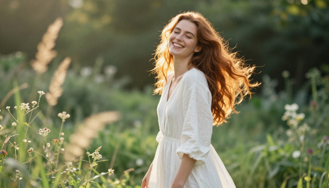 High-quality AI generated portrait of a woman in a lush garden at golden hour, flowing white sundress, natural bokeh background, Kodak Portra film grain