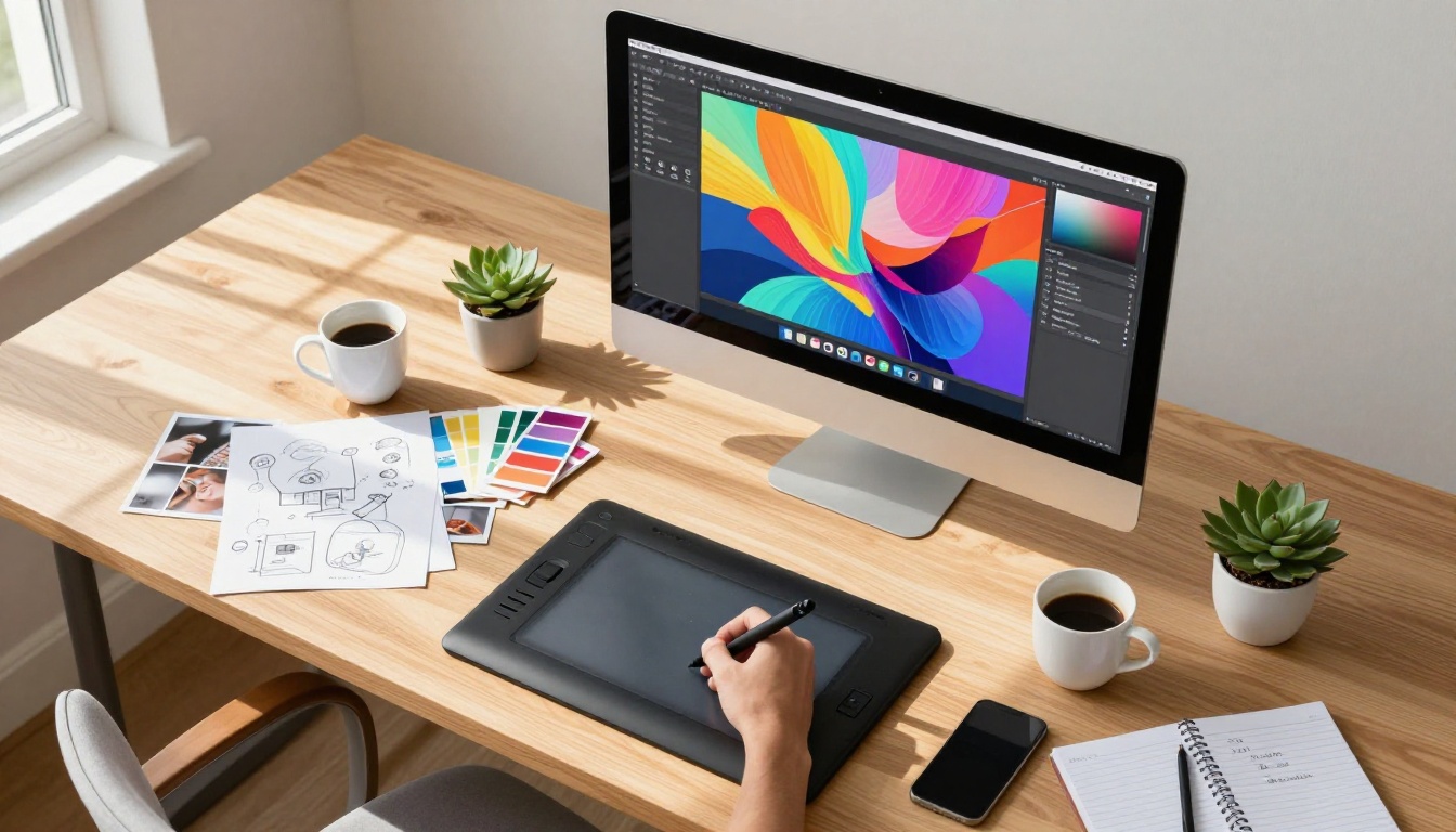 Creative professional desk aerial shot with iMac, color swatches, Wacom tablet, sketches, morning light casting diagonal shadows