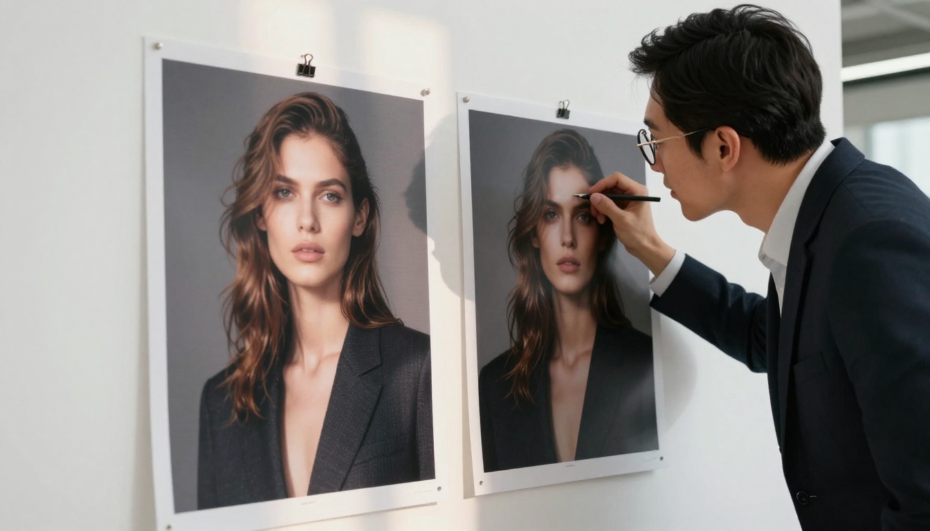 Professional photographer comparing two large prints on a studio wall, one pixelated, one razor-sharp, natural window light from left