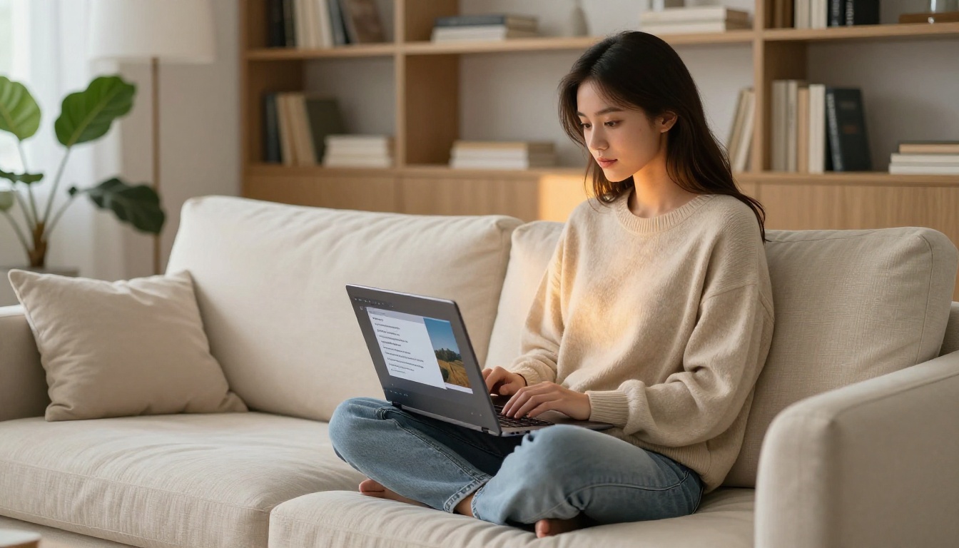 Young woman sitting cross-legged on a cream sofa with a laptop showing an AI text-to-image interface, cozy apartment, warm floor lamp lighting