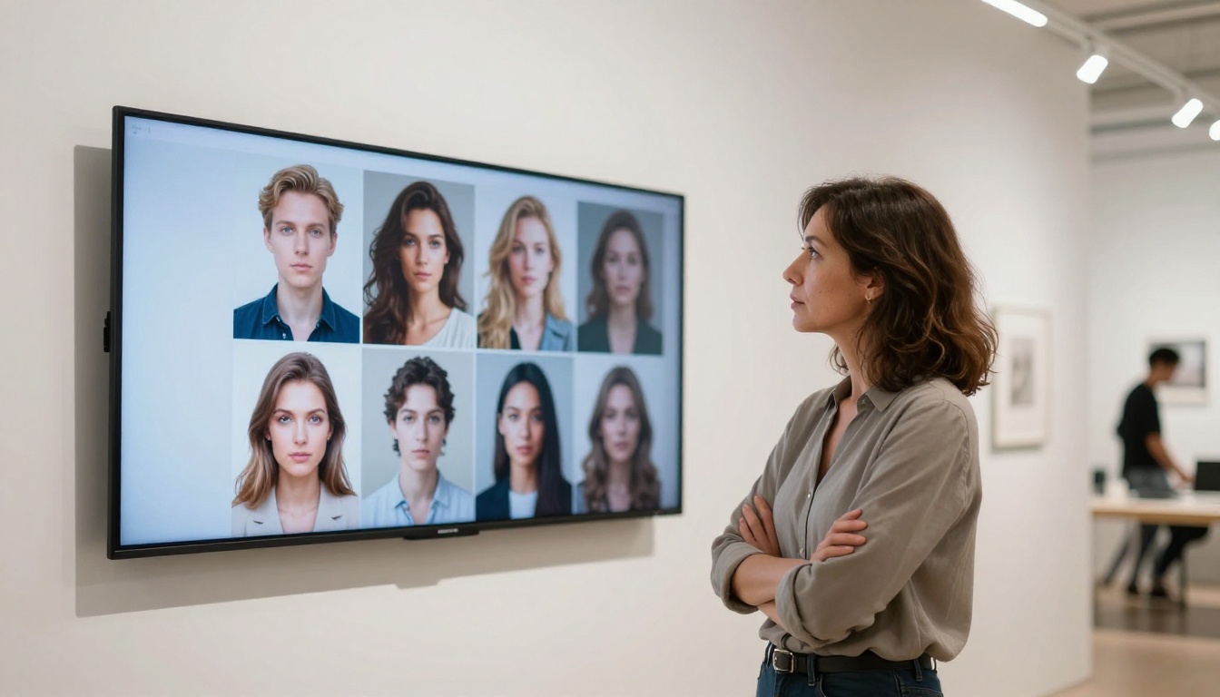 Female graphic designer standing in front of a large display showing a grid of AI-generated portraits, gallery-style studio, low angle shot