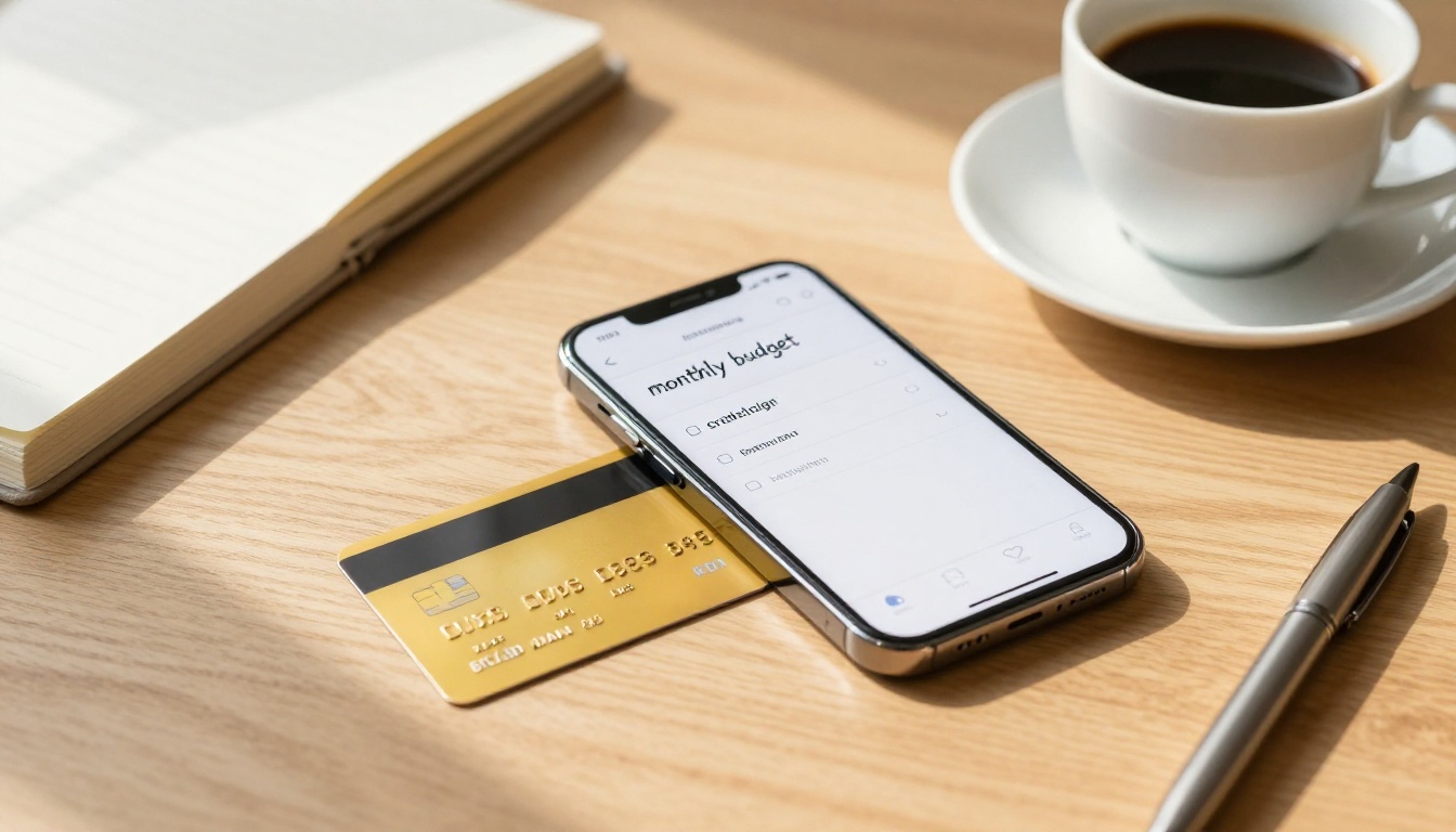 Minimalist flat lay of a credit card, smartphone with subscription app, notebook with monthly budget, espresso cup, afternoon window light