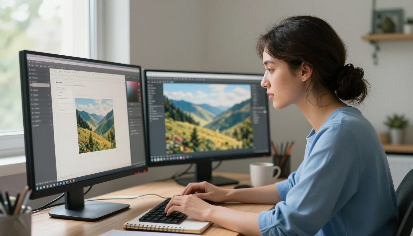 Attractive woman at a home studio desk with dual monitors, left screen showing a text-to-image platform interface, natural daylight, blue top, dark hair up