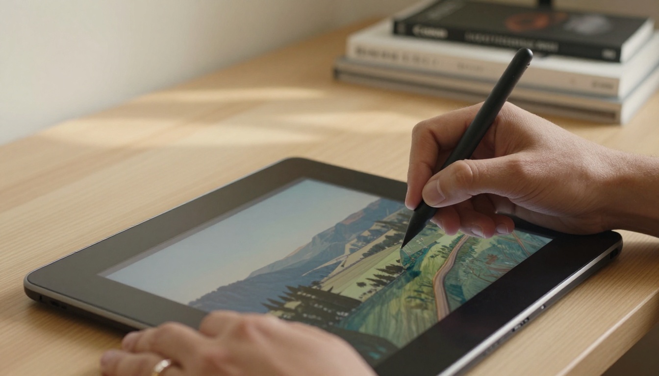 Designer working on drawing tablet with AI image software